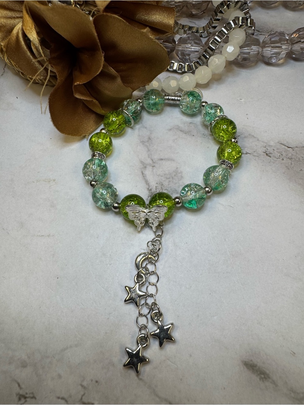 Green Ombre Beaded Bracelet with Butterfly & Star Charms